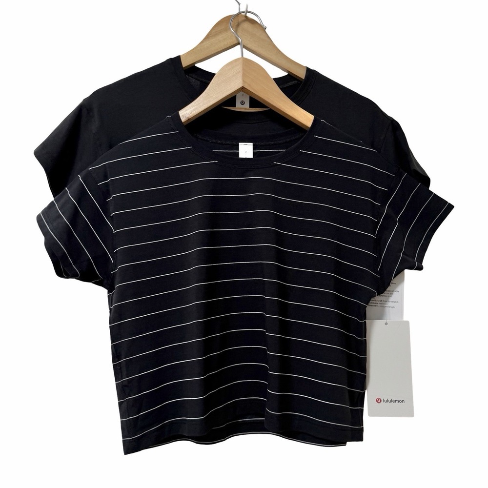 Lululemon Cates Crew Neck Cropped T Shirts Size 2 Black Athleisure NEW -Set of 2